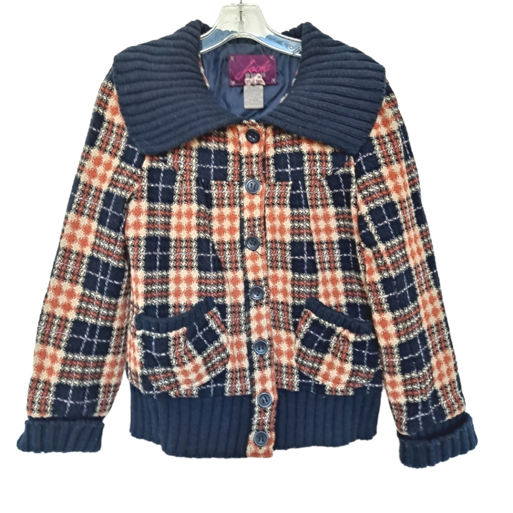 Jack BB Dakota Navy Blue Orange Plaid Tweed Like Cropped Jacket szM